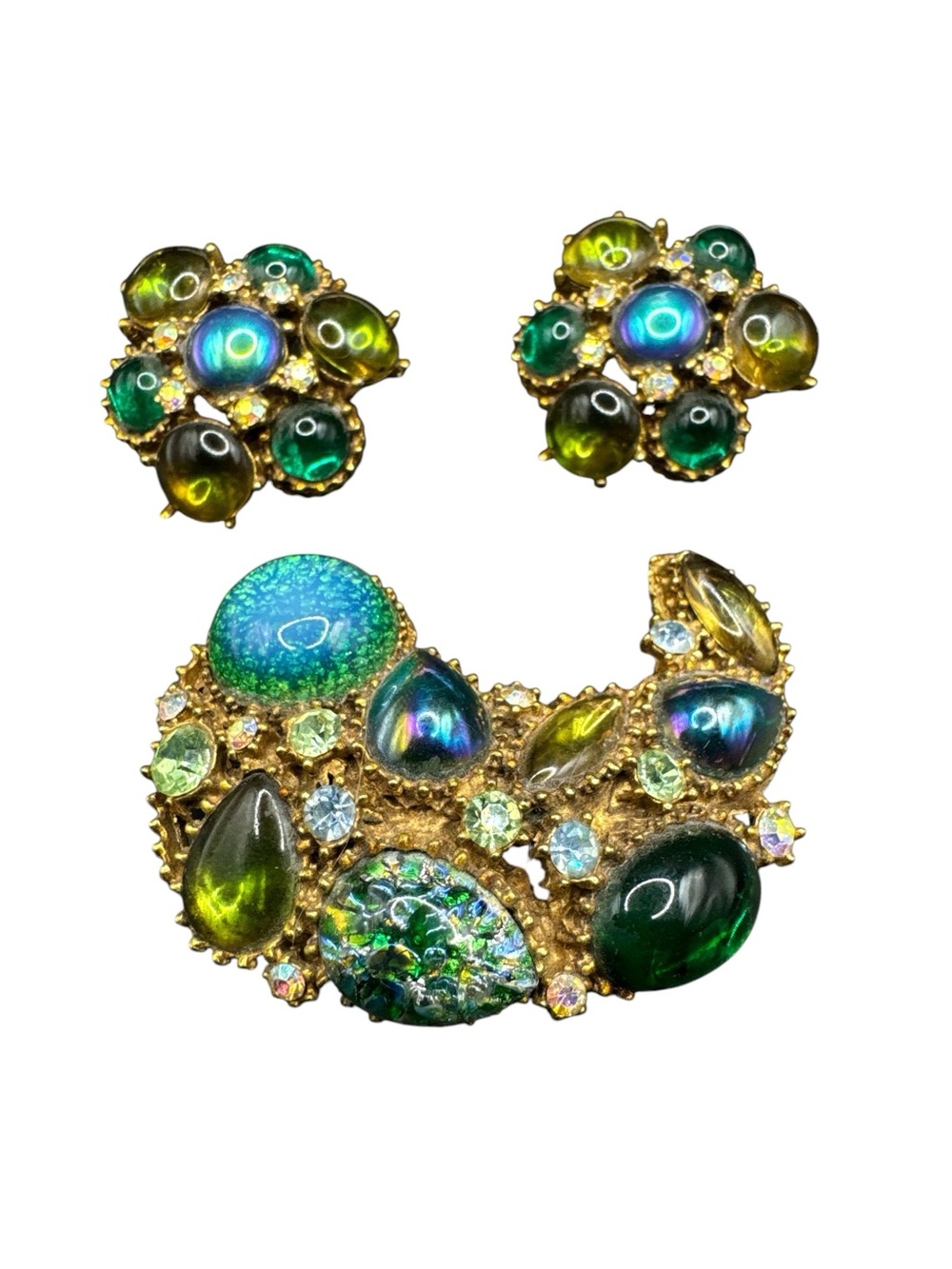 Vintage Unsigned Dragons Breath Art Glass Rhinestone Brooch Clip Earrings Set